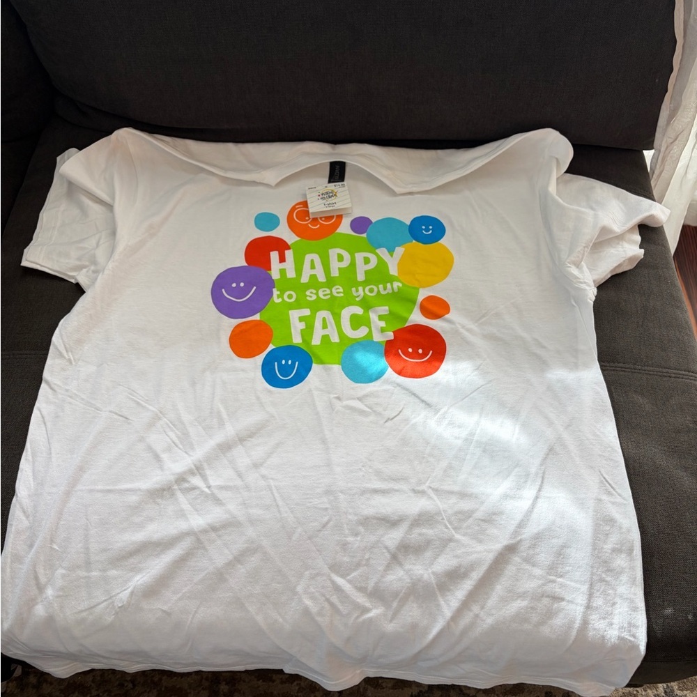 White T-Shirt with Colorful Smiley Faces
